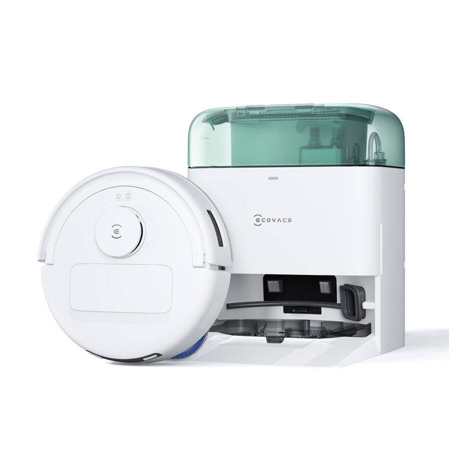 DEEBOT mini, un des trois robots laveurs du comparatif, avec sa station